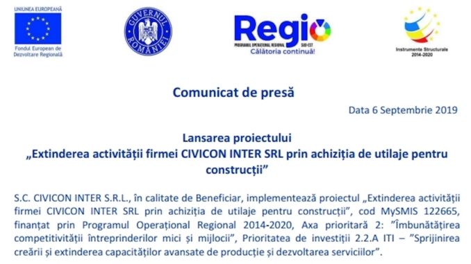 Lansarea proiectului "Extinderea activității firmei Civicon Inter SRL prin achiziția de utilaje pentru construcții"