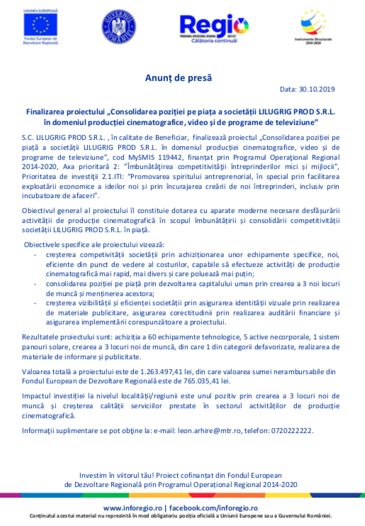 Finalizarea proiectului "Consolidarea poziției pe piață a societății LILUGRIG PROD SRL în domeniul producției cinematografice, video și de programe de televiziune"