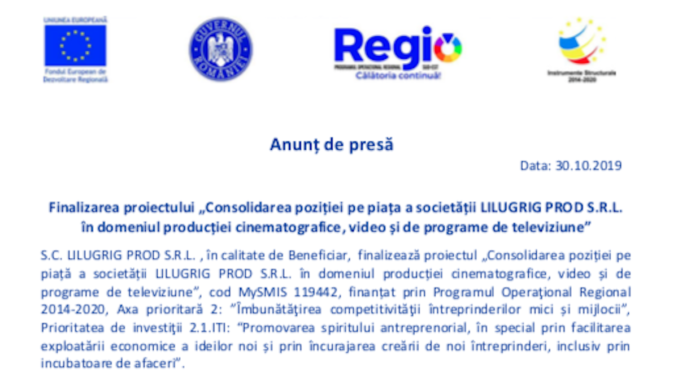 Finalizarea proiectului "Consolidarea poziției pe piață a societății LILUGRIG PROD SRL în domeniul producției cinematografice, video și de programe de televiziune"