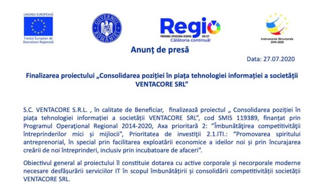 Finalizare proiect Ventacore SRL