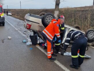 Mașină răsturnată la Agighiol. FOTO ISU Delta